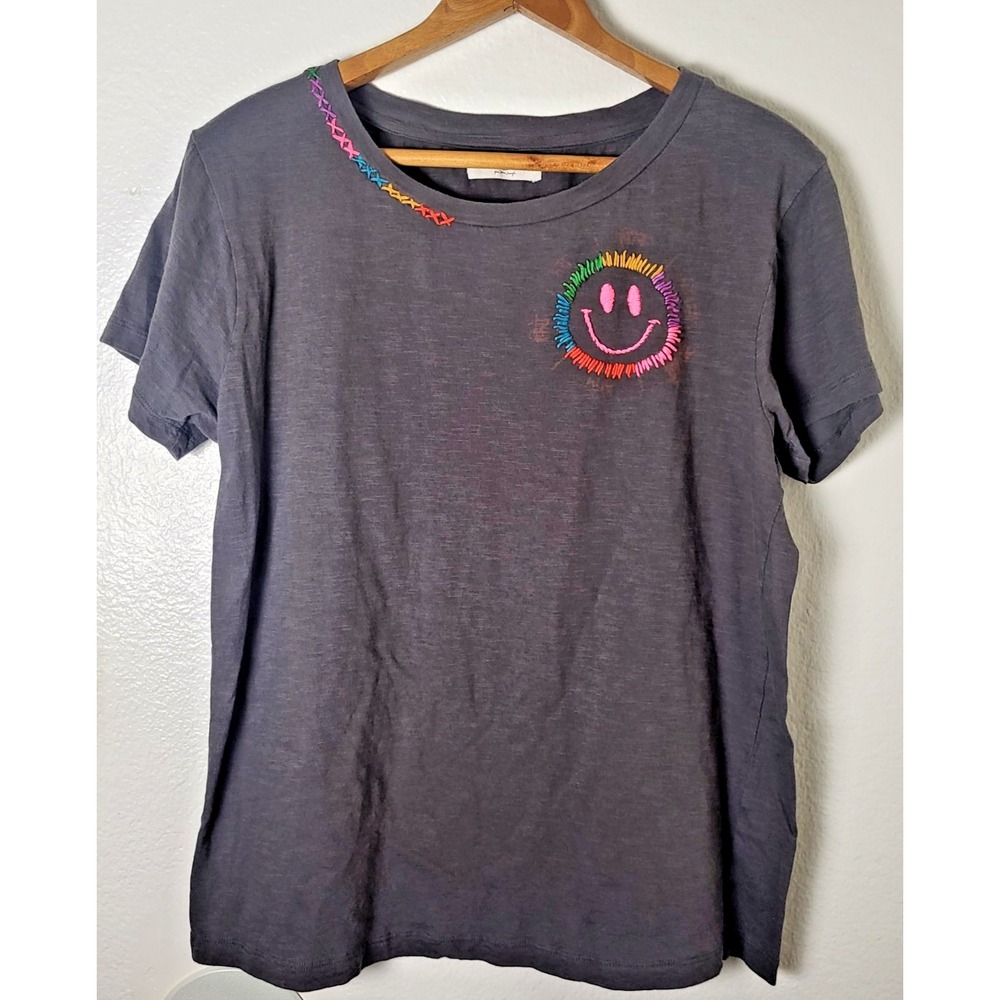 Natural Life Slub 100% Cotton Dark Gray Embroidered Tee Shirt SZ M Relaxed Boho